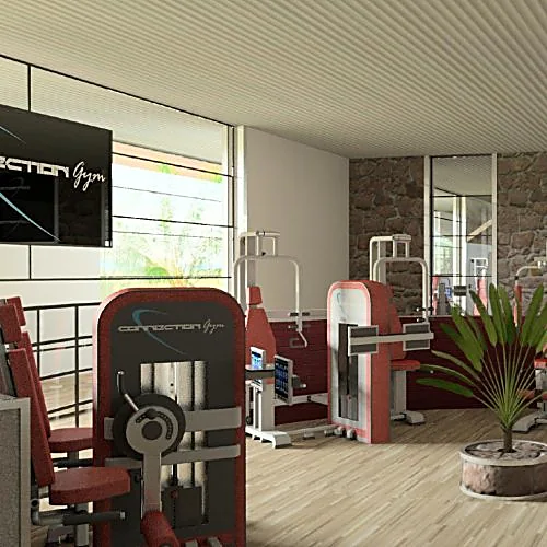 Macchinari fitness rossi in tandem all'interno di una sala attrezzata