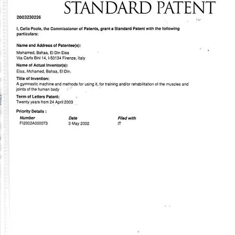 Certificato Standard Patent di Hong Kong n. 2003230226 intestato a Bahaa El Din Eisa Mohamed