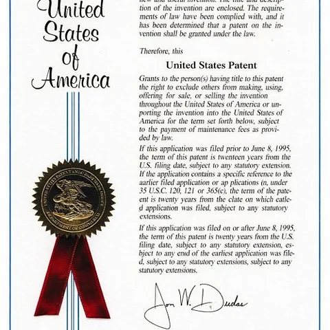 Certificato United States Patent con sigillo dorato dell'USPTO